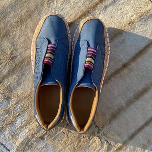 Blue Slip-On Loafers with rainbow Striped Accent